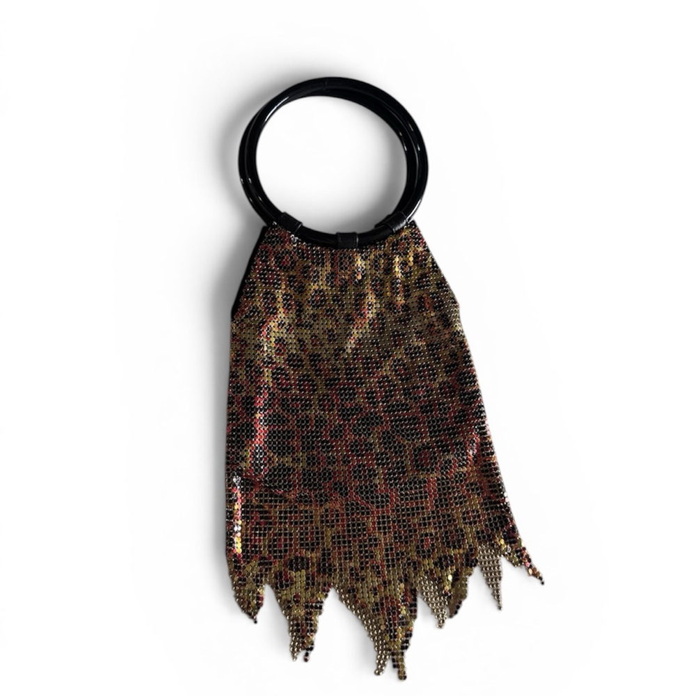 ❤️ Whiting & Davis Metallic Leopard-Print Mesh Round Handle Purse
